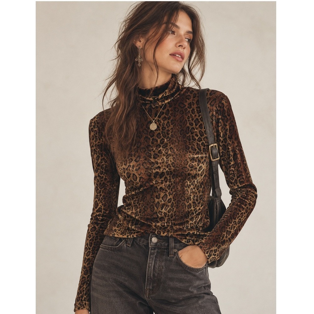 Banjo Dallas Leopard Print Top Womens XL Brown Mock Neck Long Sleeve Velvet Vtg